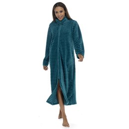 LN334 Ladies Zip Through Ribbed Fleece Gown - Teal