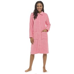 LN406 Ladies Long Sleeve Towelling Zip House Coat with YKK Zip - Pink