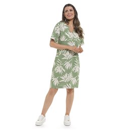 LN430 Ladies Linen Blend Printed Shift Dress with Sleeves - Green Palm Print