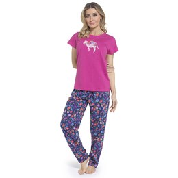 LN445 Ladies Jersey Short Sleeve Pyjama Set - Fuschia & Navy Print