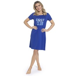 LN456 Ladies Fun Print Jersey Nightie - Blue with Cosy Club Print