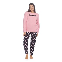 LN475 Ladies Fleece Pyjama Set w Sherpa Applique Slogan Top & AOP Pants - Pink