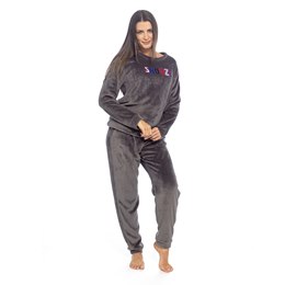 LN476 Ladies Flannel Fleece Pyjama Set with 'Snooze' Applique - Charcoal