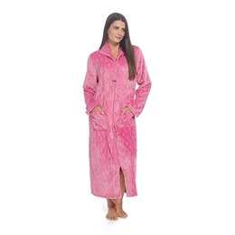 LN485 Ladies Embossed Flannel Fleece Dressing Gown with Tassle Zip - Pink