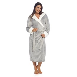 LN526 Ladies Luxury Shimmer Fleece Robe with Sherpa Hood and Cuffs - Grey