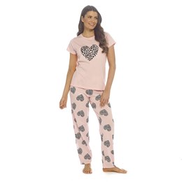 LN534 Ladies Jersey Pyjama Set with AOP Bottoms - Pink with Zebra Heart