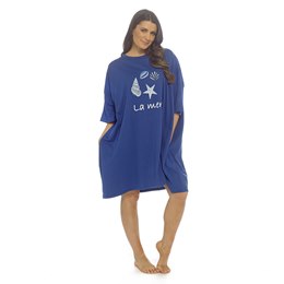 LN540 Ladies Oversized Print Nightie  - Blue with Shell Print - One Size