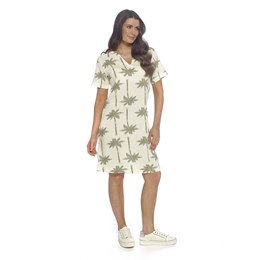 LN559 Ladies Linen Blend Printed Shift Dress with Sleeves - Palm Print