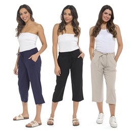 LN563 Ladies Elasticated Waist Linen 3/4 Length Trousers