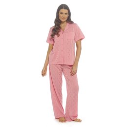 LN608 Ladies Broderie Anglaise Traditional Button Pyjama Set - Pink