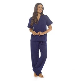 LN609 Ladies Broderie Anglaise Traditional Button Pyjama Set - Navy