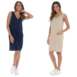 LN760 Ladies V Neck Linen Blend Shift Dress with Pocket Detail in Navy & Stone