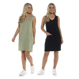 LN761A Ladies Linen Blend V Neck Dress in Black & Light Khaki