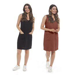 LN761B Ladies Linen Blend V Neck Shift Pocket Dress - Rust & Black