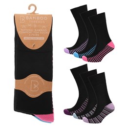 SK1044 Ladies 3pk Bamboo H&T Non Elastic Socks - Footbed Design