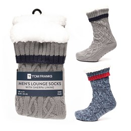 SK1128 Mens Twist Yarn Chunky Cable Knit Slipper Sock with Sherpa Lining