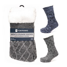 SK1129 Mens Mixed Yarn Chunky Cable Knit Slipper Sock with Sherpa Lining