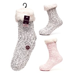 SK1131 Ladies Popcorn Lounge Socks With Pom Pom & Sherpa Lining