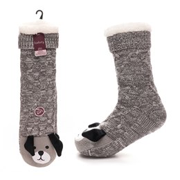 SK1134 Ladies Cable Lounge Socks with 3D Dog & Sherpa Lining