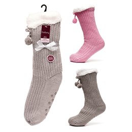 SK1136 Ladies Lounge Socks with Lurex & Pom Pom & Sherpa Lining