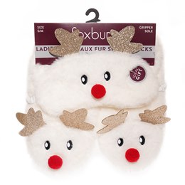 SK1137 Ladies Xmas Faux Fur Slipper Socks with 3D Sleep Mask