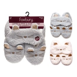 SK1138 Ladies Cat Faux Fur Slipper Socks with 3D Sleep Mask