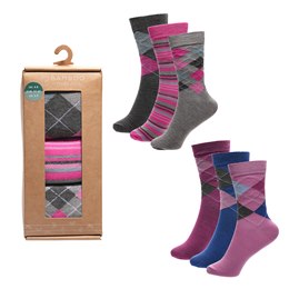 SK1141A Ladies 3 Pk Bamboo Argyle Socks in Gift Box
