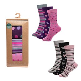 SK1142A Ladies 3 Pk Bamboo Design Socks in Gift Box
