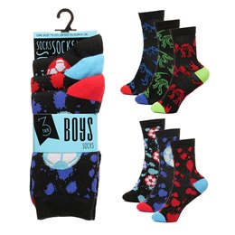 SK1200 Boys 3 Pack Design Socks - Football & Dino Designs