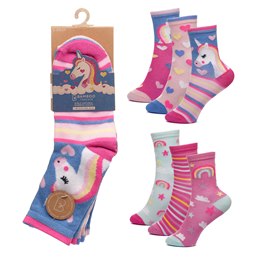SK1202 Girls 3 Pack Bamboo Rainbow/ Unicorn Design Socks