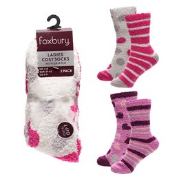 SK1249A Ladies 2Pk Design Cosy Socks with Gripper with Ribbon