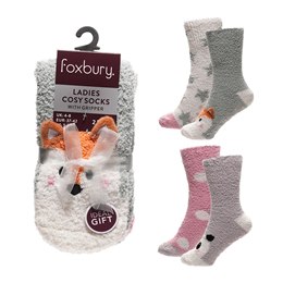 SK1251A Ladies 2pr Animal Novlety Cosy Socks with Gripper