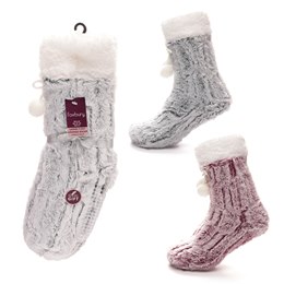 SK1254 Ladies Furry Loung Socks with Sherpa Lining & Pompom