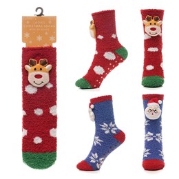 SK1263 Laides 1pr 3D Face Xmas Novelty Socks with Gripper