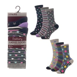 SK1271 Ladies 3pk Star/Stripe/Spot Design Socks