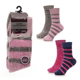 SK1274 Ladies 2pk Stripe Chenille Velvet Socks