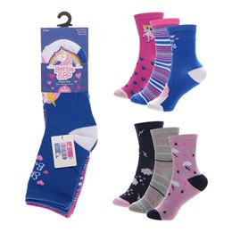 SK1405 Girls 3pk Unicorn/Rainbow Design Socks
