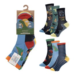 SK1407 Boys 3 Pack Bamboo Dino/Game  Design Socks