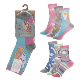 SK1409 Girls 3 Pack Bamboo Unicorn / Rainbow Design Socks