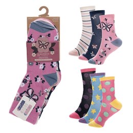 SK1410 Girls 3 Pack Bamboo Butterfly / Polk dot Design Socks