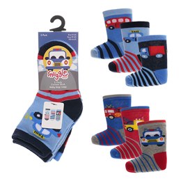 SK1411 Baby Boys 3 Pack Cars/Trucks Design Socks - Assorted Sizes