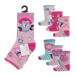 SK1414 Baby Girl 3 Pack Butterfly/ Flower Design Socks - Assorted Sizes