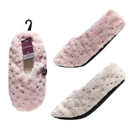 SK1422 Ladies Furry Star Print Slipper Socks with Grip Sole