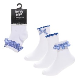 SK1451 Girls 3pk Gingham Lace Socks - Blue - 6-8.5