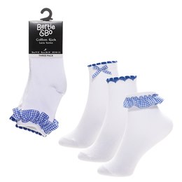 SK1452 Girls 3pk Gingham Lace Socks - Blue - 9-12