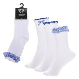 SK1454 Girls 3pk Gingham Lace Socks - Blue - 4-5.5