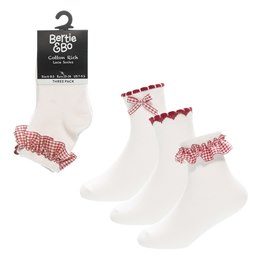 SK1455 Girls 3pk Gingham Lace Socks - Red - 6-8.5