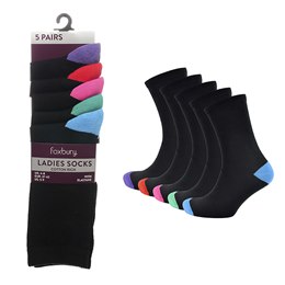 SK241 Ladies 5 Pack Contrast Heel & Toe Socks