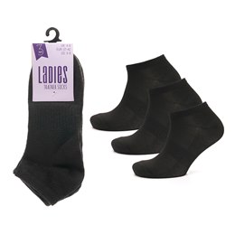 SK273A Ladies 3 Pack Black Trainer Socks with arch support and mesh
