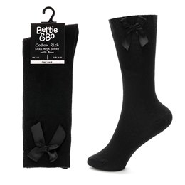 SK363A Girls Black Knee High Socks With Ribbon Bow